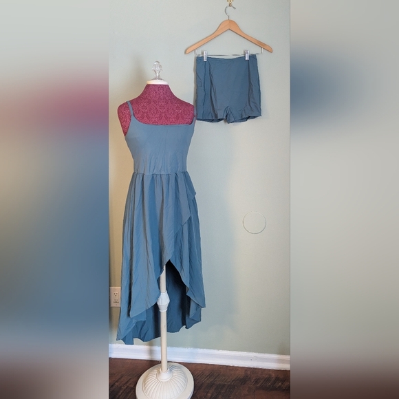 NWT HALARA Stone Blue Backless High Low Flowy Midi Quick Dry Casual Dress, US M - Picture 1 of 5